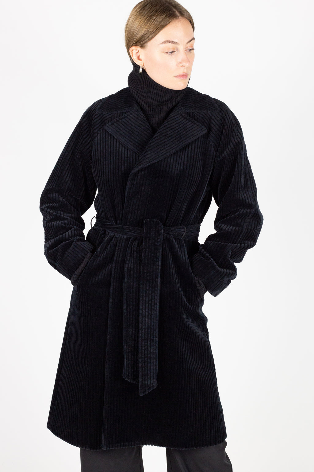 Black cord coat with belt and raglan sleeve