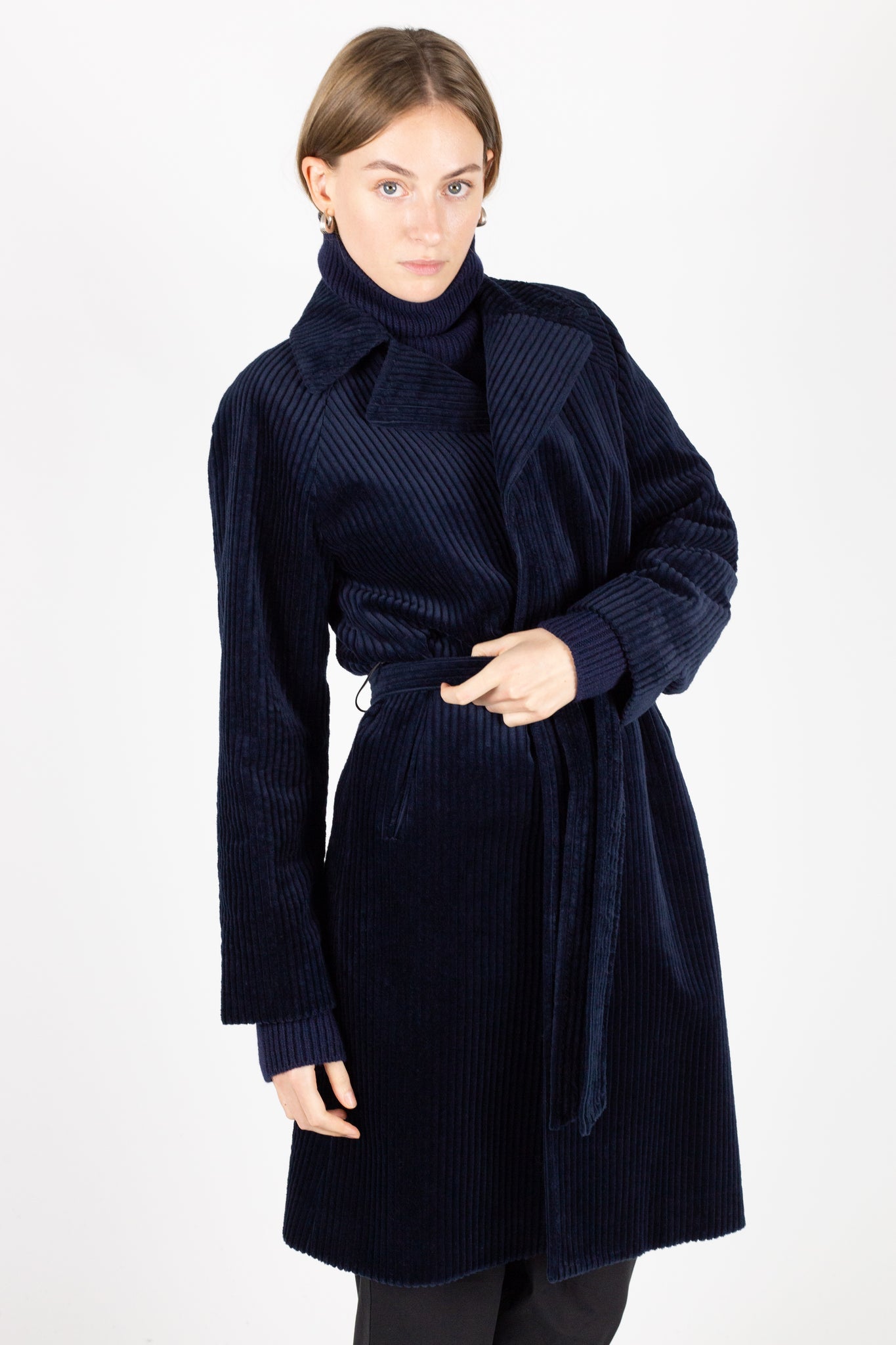 Belted cord coat in navy cord