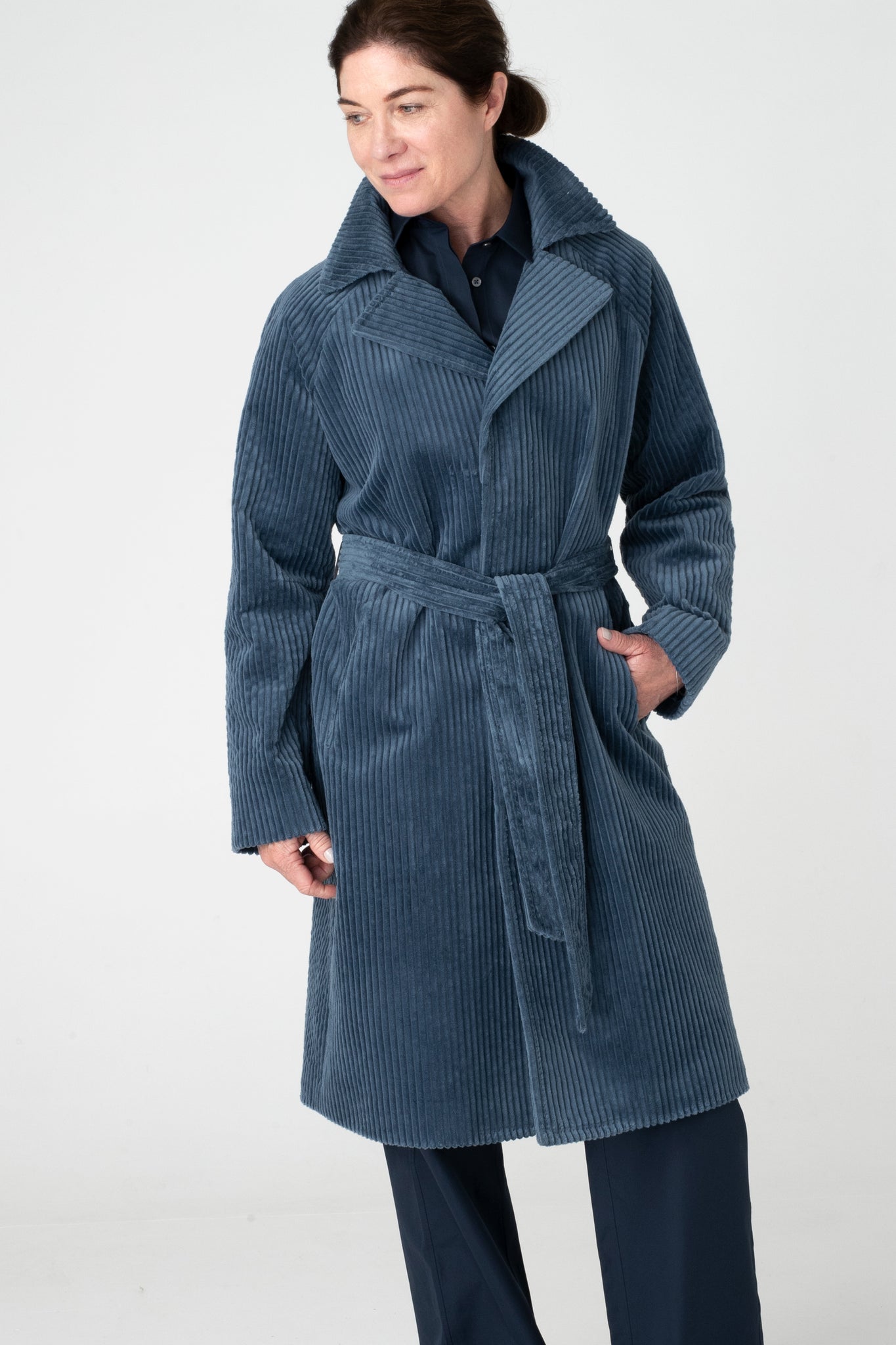 Sky Blue cord coat, belted with raglan sleeve