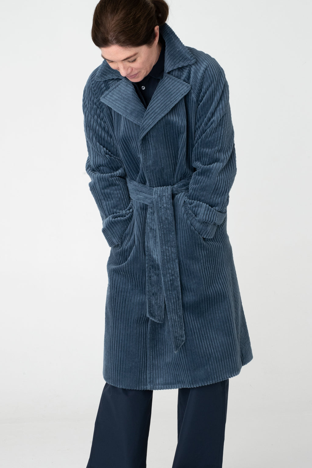 Sky Blue cord coat, belted with raglan sleeve