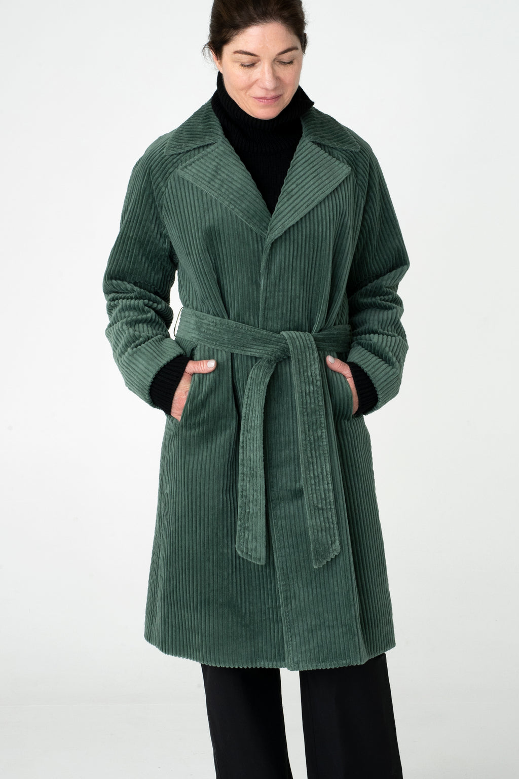 Eucalyptus cord coat, belted with raglan sleeve